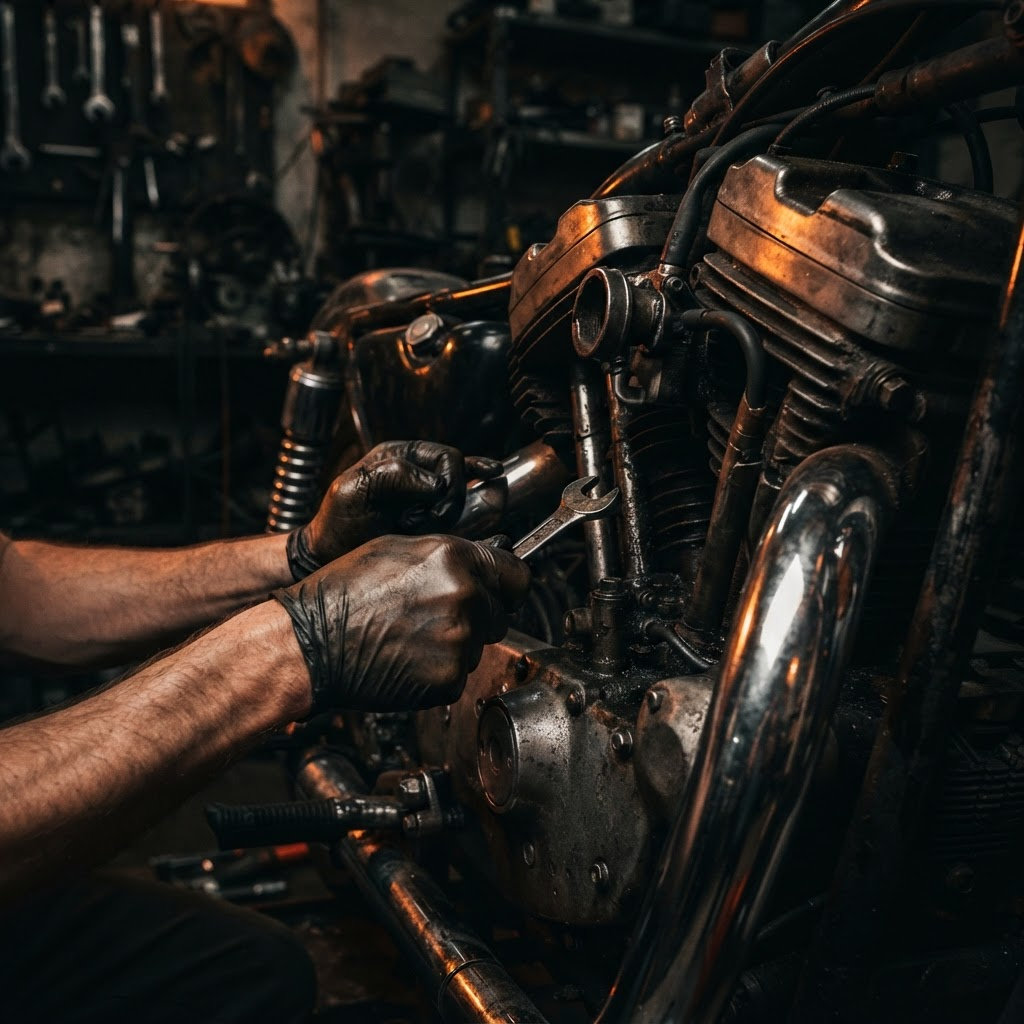 Mecânico trabalhando em detalhe de motor de motocicleta