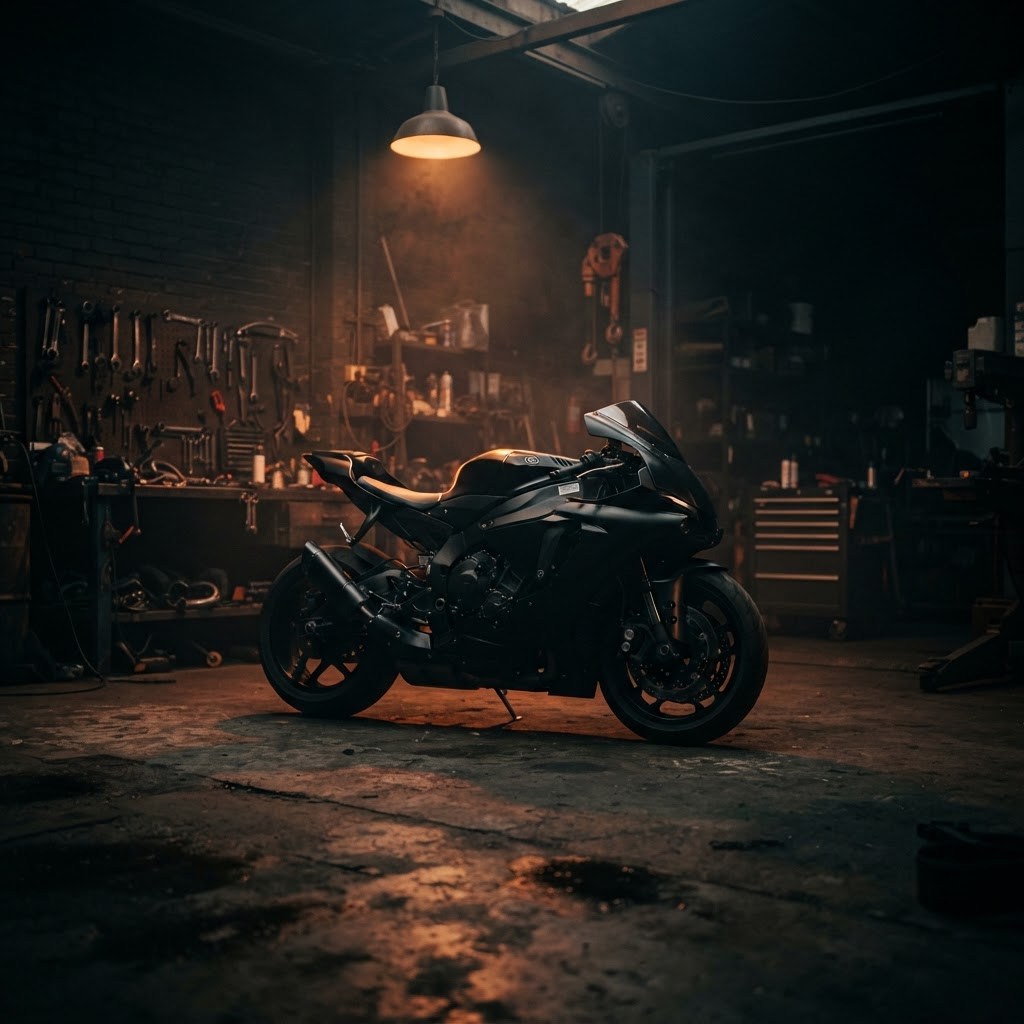 Motocicleta esportiva em oficina mecânica com iluminação dramática